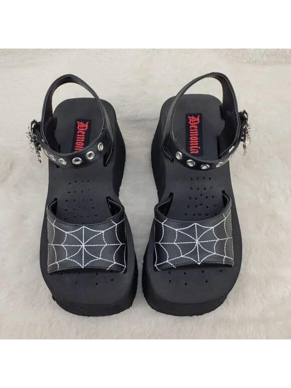 NIB Funn Platform Goth Spider Web Sandals Ankle Strap Wedge Shoes Matte Black